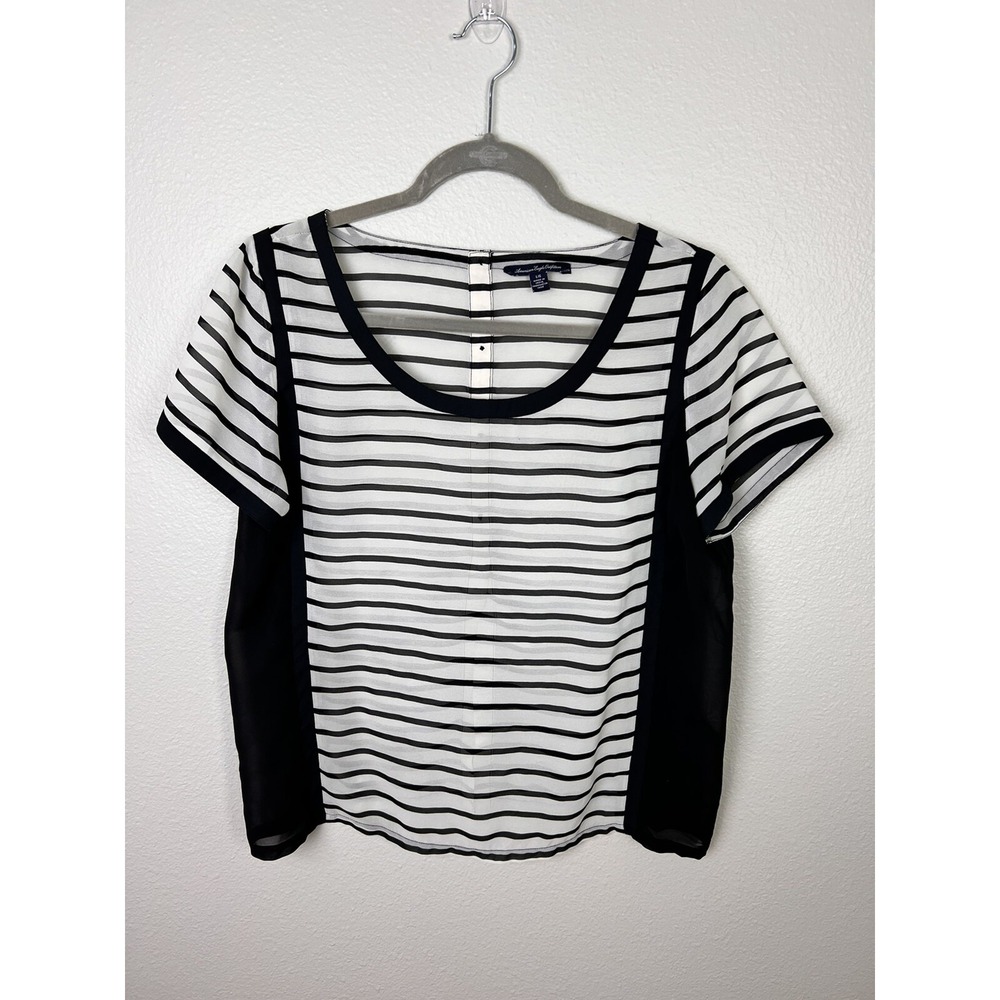 American Eagle Womens Sheer Blouse Top Black White Stripe Button Back Slit Large